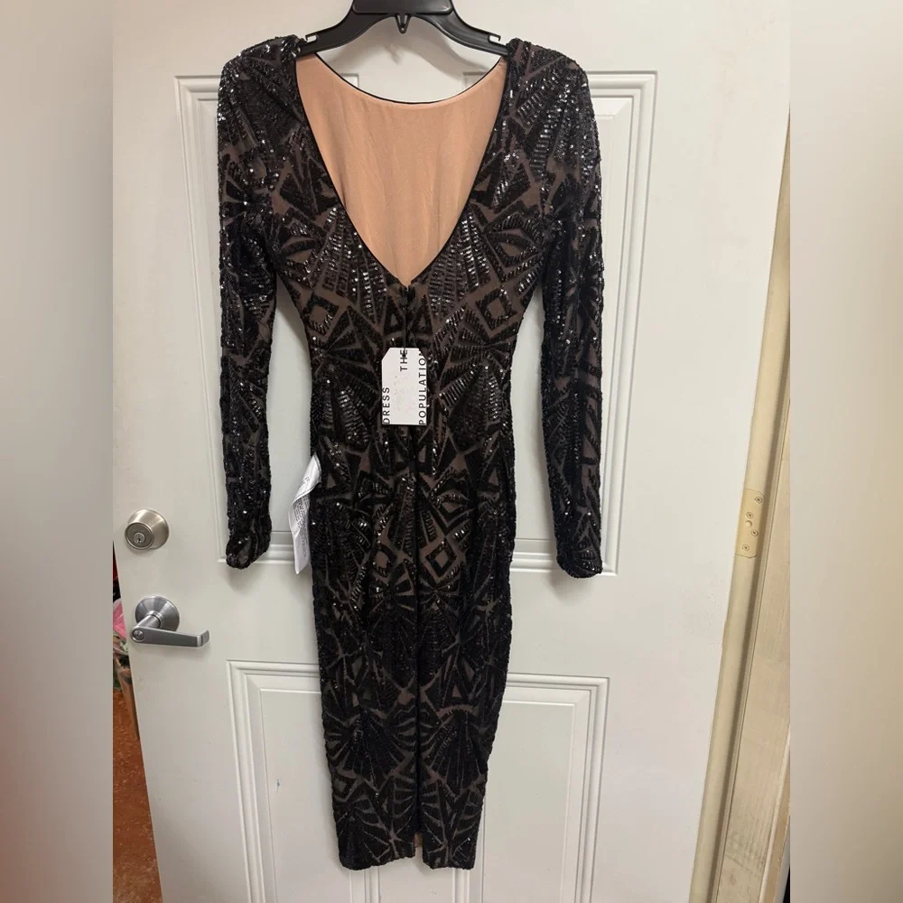 Dress the Population Emery Black Sequin Long Sleeve Dress sz S nwt - Picture 2 of 6